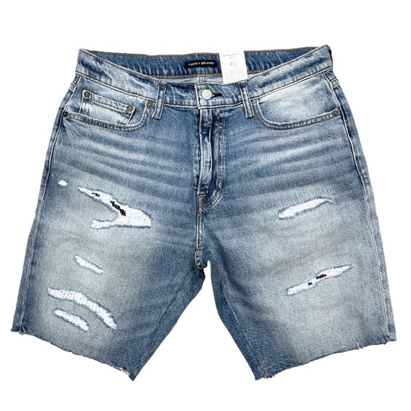 Lucky Brand Men’s Distressed Denim Cut Off Shorts 32 Patched Stitched - Picture 1 of 13